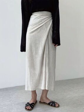 Ivory Linen Wrap Midi Skirt - Free Size